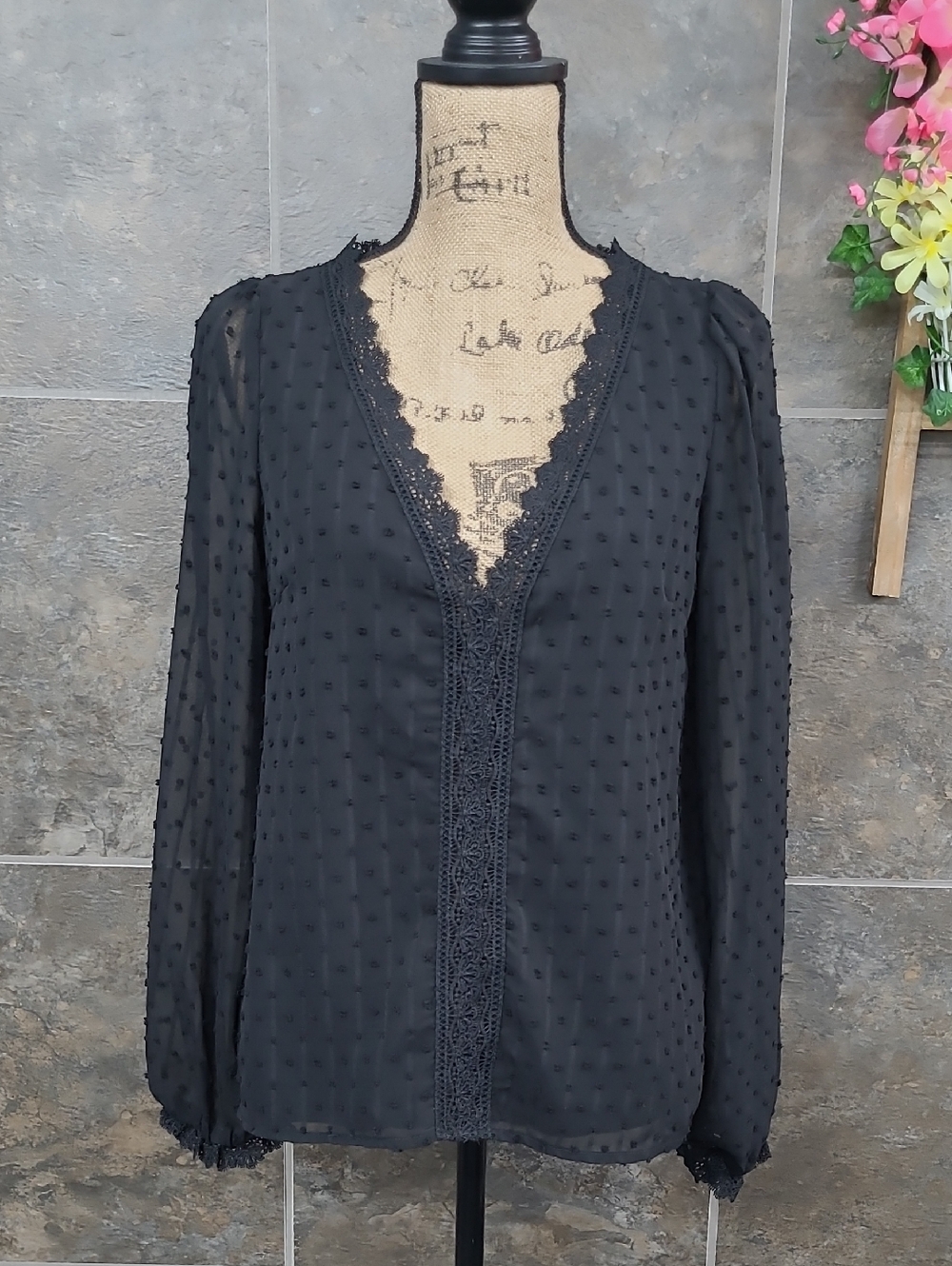 Black Swiss Dot V-Neck Crochet-Trim Blouse